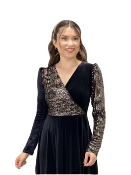 Women's Sequin Patch Deep V-Neck Long Sleeve Party Dress