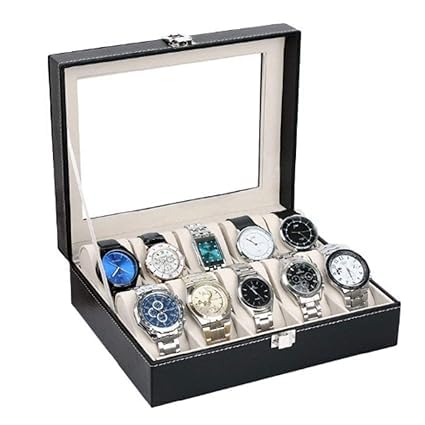 Cheet enterprise Watch Box 10 Slot Luxury Watch Case Display Jewelry Organizer - Locking Watch Display Case Holder with Large Glass Top - Watch Box Organizer for Men and Women