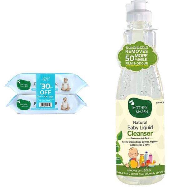 Mother Sparsh 99% Pure Water (Unscented) baby wipes I Natural Plant made cloth - Super thick I 72 pcs/pack - Pack of 2 (Super Saver Pack)& Plant Powered Natural Baby Liquid Cleanser- 500ml