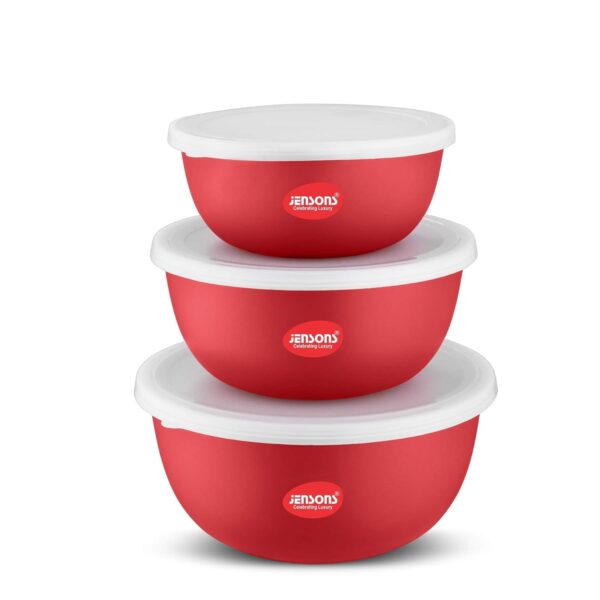 JENSONS Microwave Safe Bowl | Serving Bowl with Lid, Mixing Bowl, Oven Bowl Set Microwave, Flora Stainless Steel Bowl Set of 3 with 600ml, 800ml, 1300ml-Red