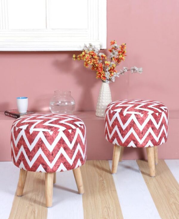 ShadowKart Ottoman Pouffes Sitting Mudda Puffy Stool Dinning Chair for Living Room Dressing Makeup Table Pouffe for Office Home Decor, Printed Stool, 16x16x17 Inch, Pack of 2, Maroon Zigzag