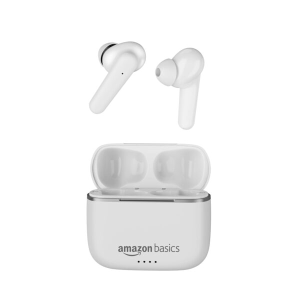 amazon basics True Wireless in-Ear Earbuds with Mic, Touch Control, Ipx5 Water-Resistance,Bluetooth 5.0, Up to 80 Hours Play Time, Voice Assistance&Fast Charging (White)