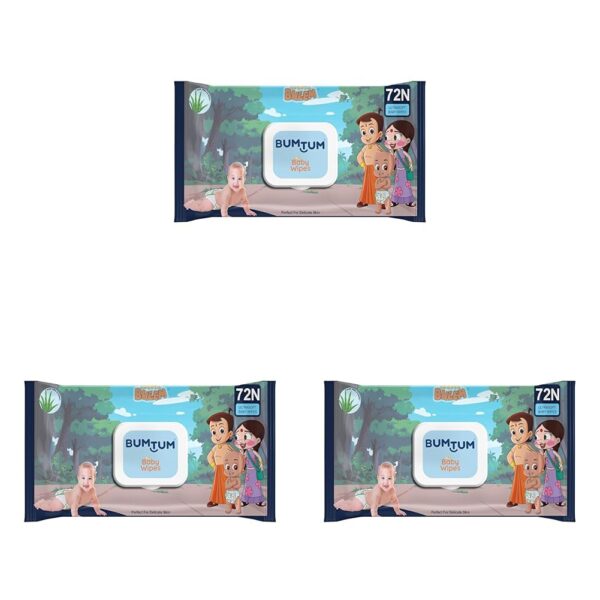 Bumtum Baby Chota Bheem Gentle Soft Moisturizing Wet Wipes With Lid | Aloe Vera & Chamomile Extracts | Paraben & Sulfate Free (Pack of 3, 72 Pcs. Per Pack)