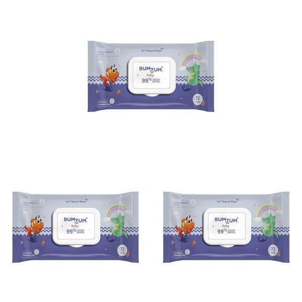 Bumtum Baby Gentle 99% Pure Water Soft Moisturizing Wet Wipes With Lid | Aloe Vera & Chamomile Extracts | Paraben & Sulfate Free (Pack of 3, 72 Pcs. Per Pack)