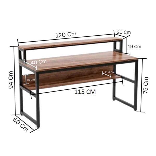 Deskio Computer Desk with Lower Shelf & Monitor Riser, Laptop Table, Study Table, Writing Table, Industrial Table, Workstation, Multipurpose Table – Brown (120L x 60W x 94H Cm)