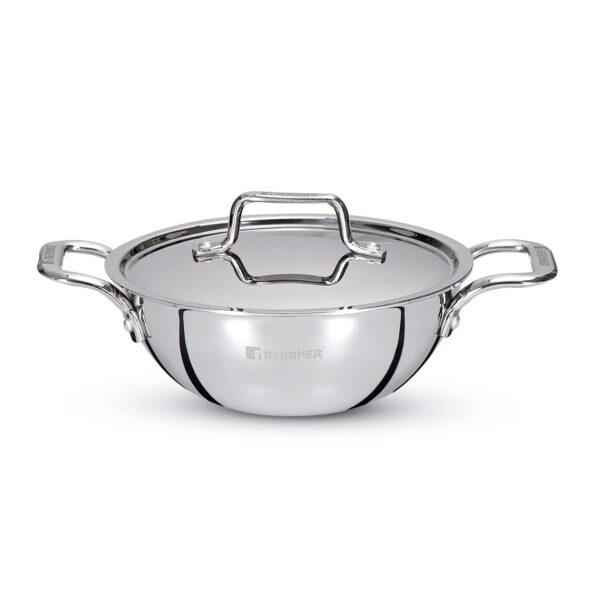 Bergner TriPro TriPly Stainless Steel 24cm Kadai with Stainless Steel Lid, 3.1 Litres Kadhai with Lid, Metal Spatula Friendly, Easy to Clean, Induction Bottom and Gas Stove Ready - Silver