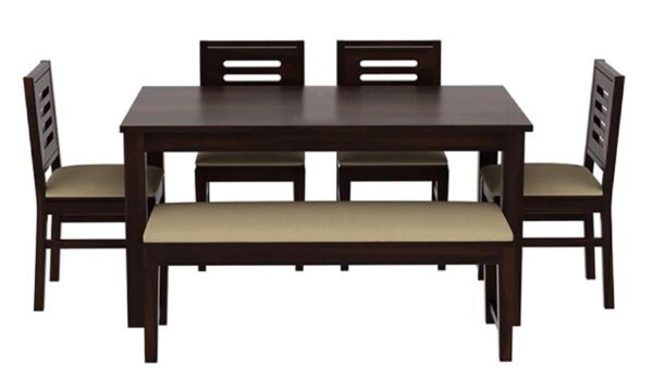 DILBAR FURNITURE Winntage Solid Sheesham Wood 6 Seater Dining Table Set with 4 Cushion Chair and 1 Bench for Dining Room Living Room Home (Walnut Finish)