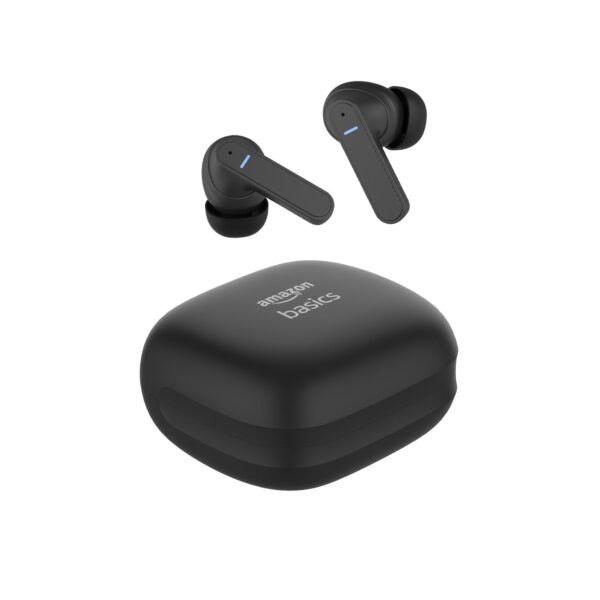 amazon basics True Wireless in-Ear Earbuds, Quad Mics ENC, up to 50ms Low-Latency Gaming Mode, IPX5, 25dB Active Noise Cancellation, Bluetooth 5.3, Play Time up to 65 Hours with Fast Charging (Black)