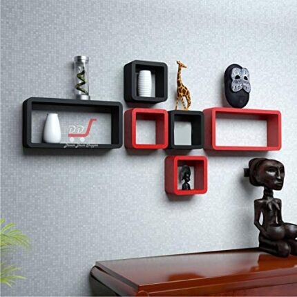 DDS Dream Decor Shoppee Floating Wall Shelves Home Decoration for Living Room Set of 6 (Black & Red)