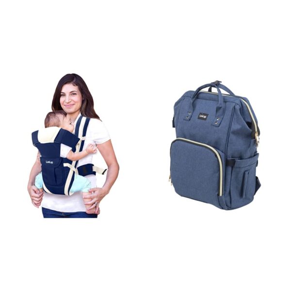 LuvLap Elegant Baby Carrier with 4 Carry Positions, for 4 to 24 Months Baby, Max Weight Up to 15 Kgs (Dark Blue) & Lily Travel Multifunctional Waterproof Diaper Bag-Backpack Cum Tote Bag (Navy Blue)