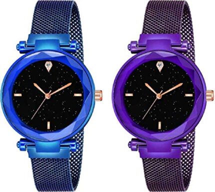 Acnos® Premium 4 Point Blue and Purple Color with Trending Magnetic Analogue Metal Strap Watches for Girl's and Women's Pack of - 2(P-170-190)