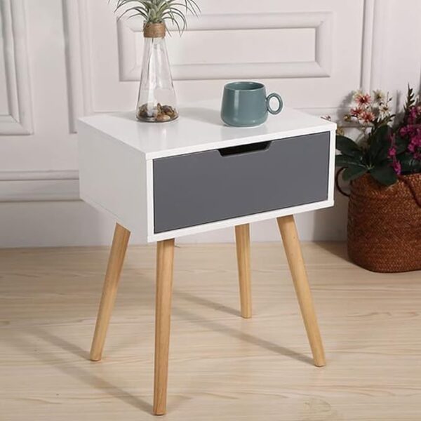 WOOD LED Modern Bedside Table with Drawer, Space Saving Living Room Furniture, Wooden Home decore end Table with Folding Legs-Grey White