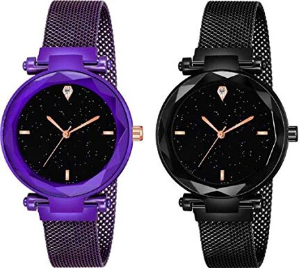 Acnos® Premium 4 Point Purple and Black Color with Trending Magnetic Analogue Metal Strap Watches for Girl's and Women's Pack of - 2(P-190-200)