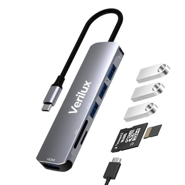 Verilux® USB C Hub Multiport Adapter- 6 in 1 Portable Aluminum Type C Hub with 4K HDMI Output, USB 2.0/3.0 Ports, SD/Micro SD Card Reader Compatible for MacBook Pro 2016-2020, MacBook Air 2018-2020, Type-C Devices