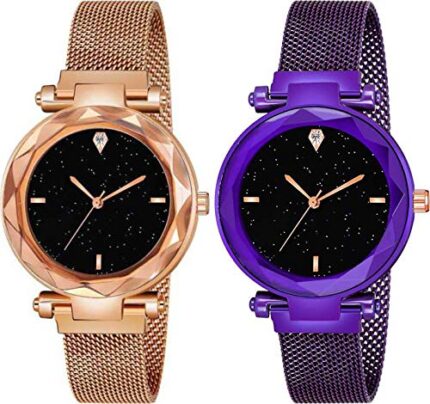 Acnos® Premium 4 Point Rose-Gold and Purple Color with Trending Magnetic Analogue Metal Strap Watches for Girl's and Women's Pack of - 2(P-180-190)