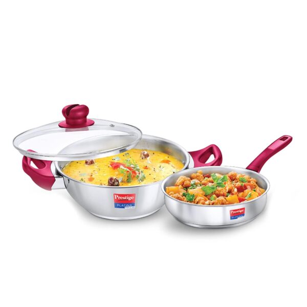 Prestige Stainless Steel Platina Popular Gas Compatible Fry Pan, 24 Cm (2.25 L) + Platina Popular Kadai with Glass Lid, 24 Cm (2.8 L) Kitchen Set Silver