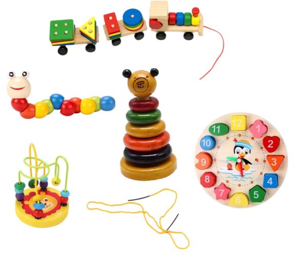 Channapatna Toys Montessori Toys for 2 Year Old Boys Girls, 5 PCS Kids Wooden Toys, Baby Boy Toys 3-6 Year Old, Preschool Educational Learning Toy for Kids Ages 3 4 5 6+, Birthday Gifts