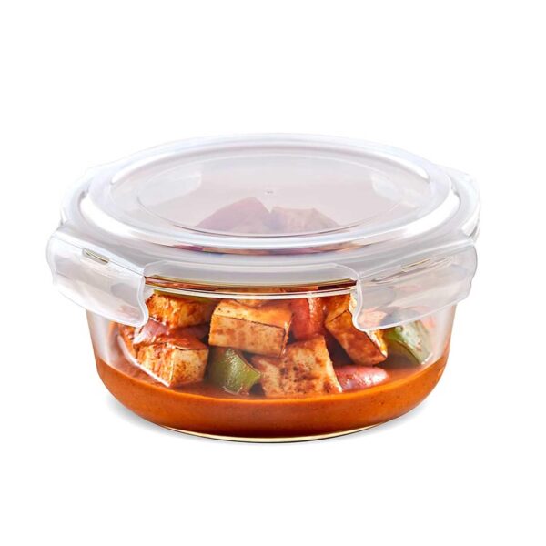 Borosil Klip N Store Glass Storage Container For Kitchen With Air-Tight Lid, Microwave & Oven Safe, Round, 400 ml, Clear