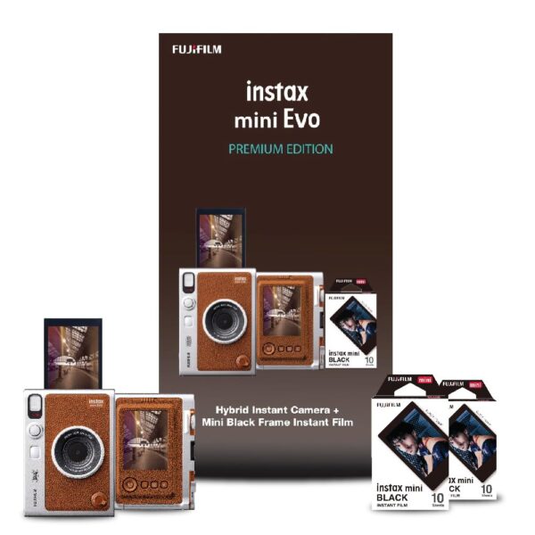 Fujifilm Instax Mini Evo Hybrid Camera Premium Edition with 20 Shots of Instax Mini Black Film and 100 Different Expressions-(Brown)