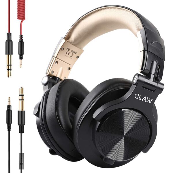 CLAW SM50 Over The Ear Wired Professional Studio Monitoring DJ Headphones with 2 Detachable Cables 2.8m Coiled Cable & 1.2m Straight Cable with Mic and in-line Controls (Black Gold)