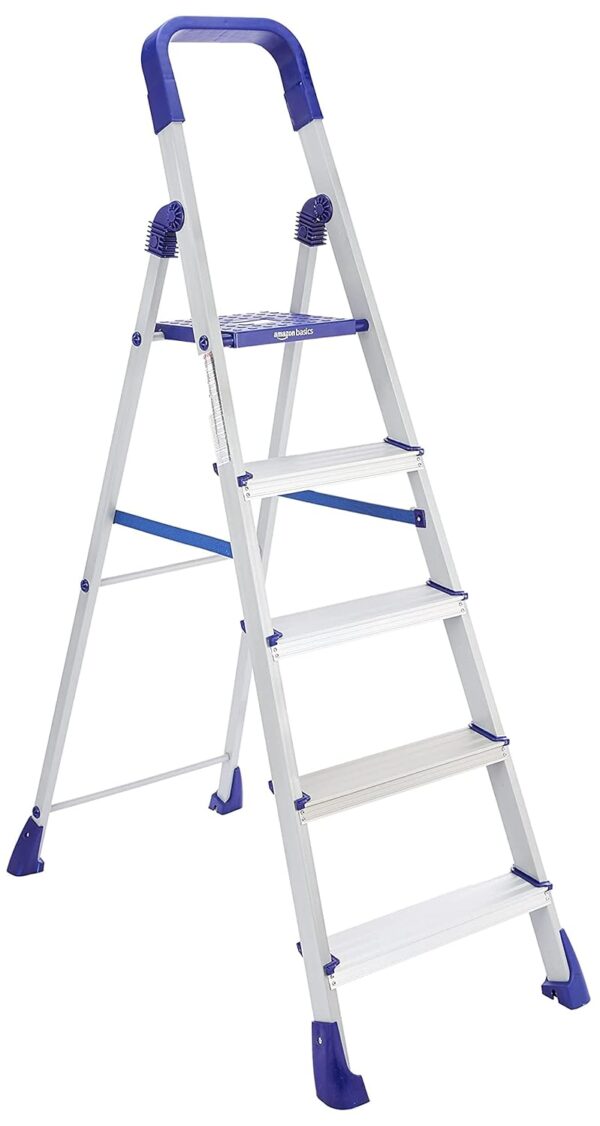 amazon basics Clamber Pro - Foldable Step Ladder, Firm Grip, 5 Steps (Aluminium Steps, Blue & Satin)