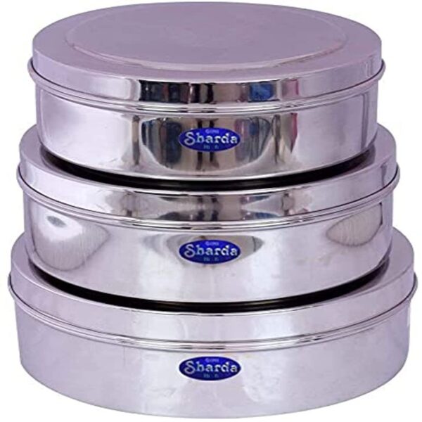 Sharda Metals Large Set of 3 Stainless Steel Food Storage Containers Box Puri Dabbas Kitchen Utensils (Size: 7, 7.5, 8.5 inches) - 1 ltr, 1.25 ltrs, 1.5 ltrs