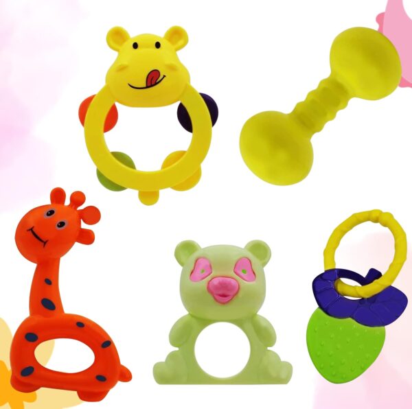 Tod2Teen My First Rattles Plastic Rattle Toy Set For Toddler Kids & Babies - 5 Pcs Attractive, Cute, Colorful Teether Toy For New Born - Shake Hands And Follow The Rhythm-Multicolor