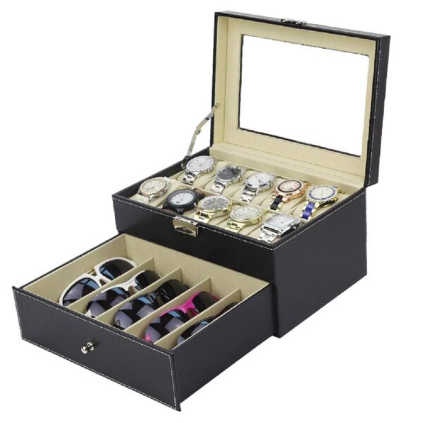 Styleys 2 Tier Watch Box Watch Organizer Box Watch Case Men Women, Watch and Sunglasses Organiser with Glass Lid (Black, W119)