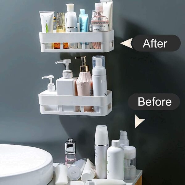 COSTEM Wall Shelves Kitchen Bathroom Shelf Self-Adhesive Sticker Hook Multipurpose Wall Holder Bathroom Storage Rack Box Strong Shower Rack Shelf (2 Shelf+ 2 Shop Dish) Plastic