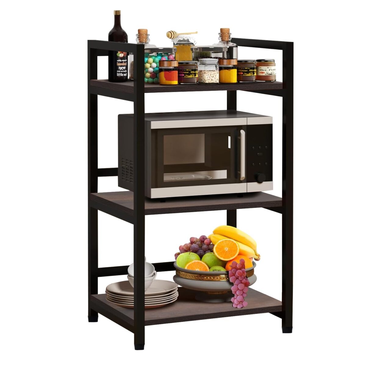 wow craft 3-Layer Multipurpose Microwave Oven Stand & OTG Rack – Floor-Mount Kitchen Storage Shelf with Black Pipe Design Crafed with Engineered Wood and Metal (Dark Brown, 90x60x40cms)