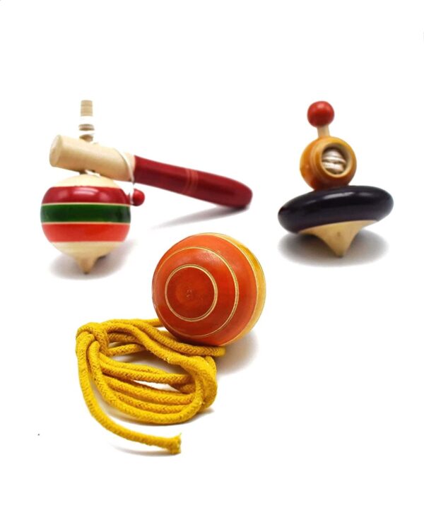 Channapatna Toys Wooden Spinning Tops Toys for Kids (3 Years+) - Set of 3 Pcs - Multicolor - Curiosity & Fine Motor Skills | Pambaram | Bongaram | Lattu