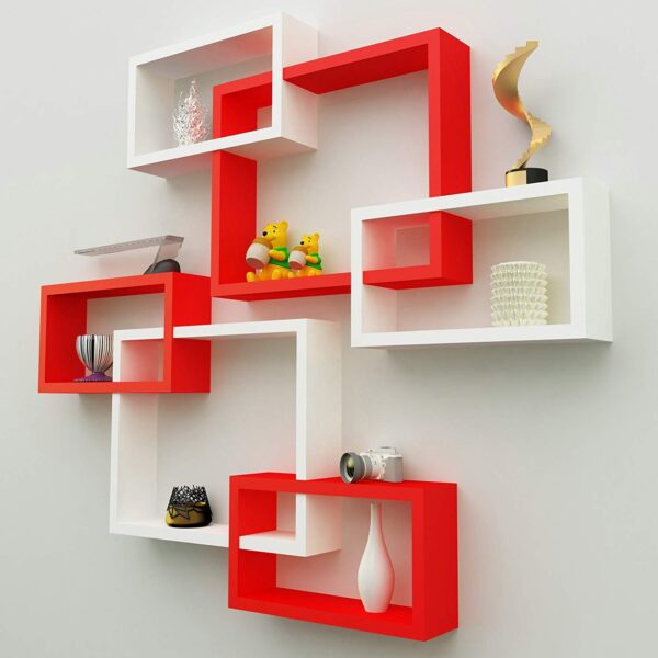 AMAZE SHOPPEE MDF; Wood Wall Decoration Intersecting Floating Shelves,Lacquer;Semi-Glossy Finish,Red ;White