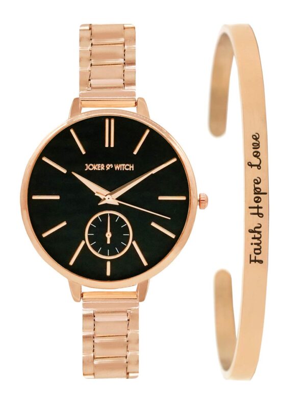 Joker & Witch Stainless Steel Fairy Light Rosegold Analogue Watch Bracelet Stack For Women, Black Dial, Rose Gold Band