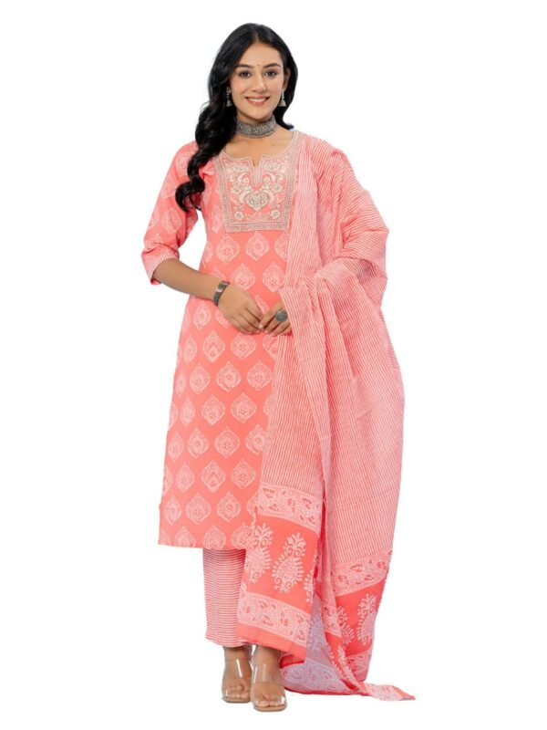 Amayra Women's Cotton Embroidered Straight Kurta with Palazzo Pant and Dupatta Set