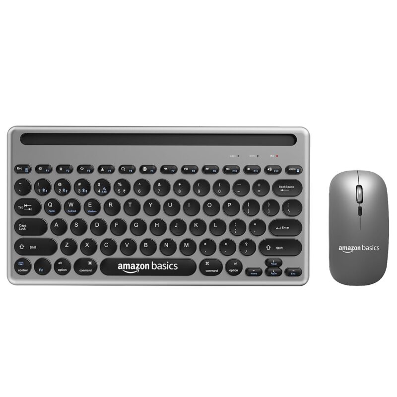 (Refurbished) Amazon Basics Wireless Keyboard and Mouse Set with Bluetooth multiconnect, 2.4GHz Receiver,1600 DPI, Smartphone/Tablet Holder, Built in Rechargeable Battery