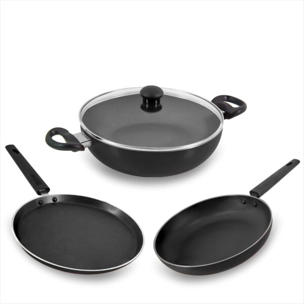 Butterfly Rapid Non Stick 3 Pcs Set | Kadai with Glass Lid | Tawa | Fry Pan | Gas Stove Compatible | PFOA Free | Scratch Resistant | for Curry, Dal, Rice, Biryani, Roti/Dosa | Non IB | Grey