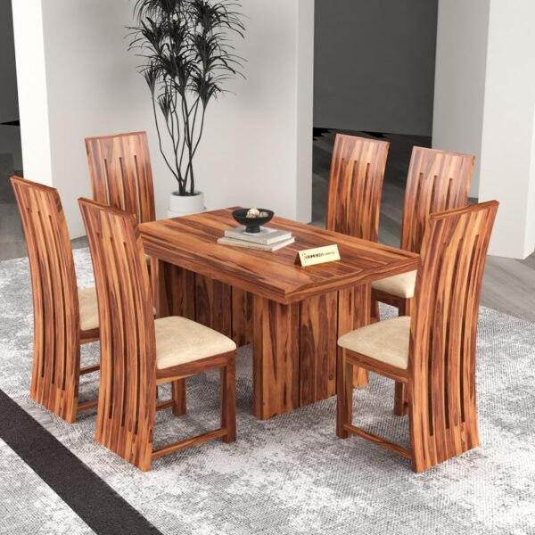 FURNESHO Solid Sheesham Wood Dining Room Sets 6 Seater Poster Dining Table with 6 Cushions Chairs for Dining Room, Living Room, Restaurant, Cafeteria (Standard, Honey Finish)