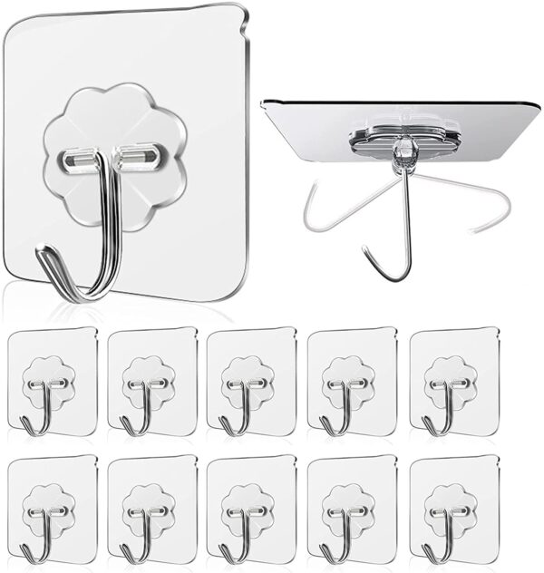 JIALTO Adhesive Hooks Kitchen Wall Hooks-Heavy Duty 13.2lb(Max) Nail Free Sticky Hangers with Stainless Hooks Reusable Utility Bathroom & Kitchen Towel Bath Ceiling Hooks-10 pcs, Plastic