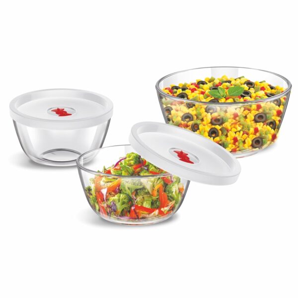 SignoraWare Borosilicate Glass Mixing Bowl Combo|500ml+1000ml+1500ml|Set/3Pc|With Steam Release Knob|Dishwasher,Refrigerator,Microwave&Oven Safe|Used for Mixing,Storing,Reheating&Serving|Gifting|Clear