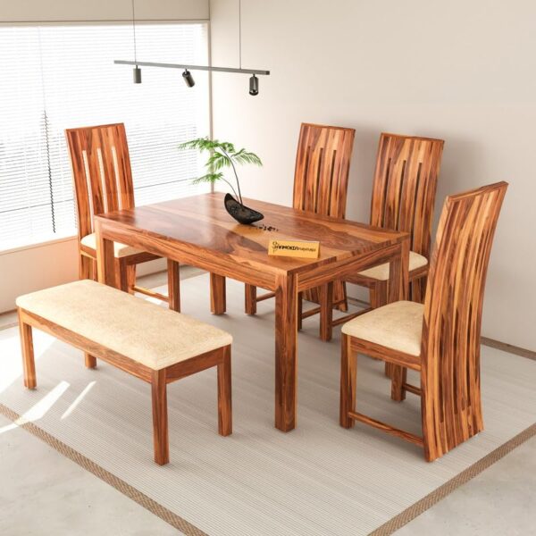 FURNESHO Solid Sheesham Wood Dining Room Sets 6 Seater Dining Table with 4 Cushions Chairs & 1 Bench for Dining Room, Living Room, Restaurant, Cafeteria (Standard, Honey Finish)