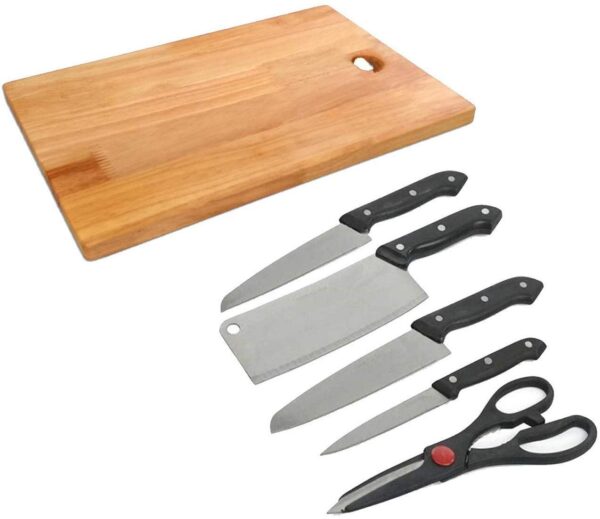 Diazola Wooden Chopping Board with Knife Set and Scissor, 5 Piece Stainless Steel Kitchen Knife Knives Set with Knife Scissor (Beige & Silver) (Multi)