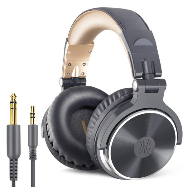 OneOdio Over Ear Headphone Studio Wired Bass Headsets with 50mm Driver, Foldable Lightweight Headphones with Shareport and Mic for DJ Monitoring Mixing Guitar PC TV (Grey Gold)