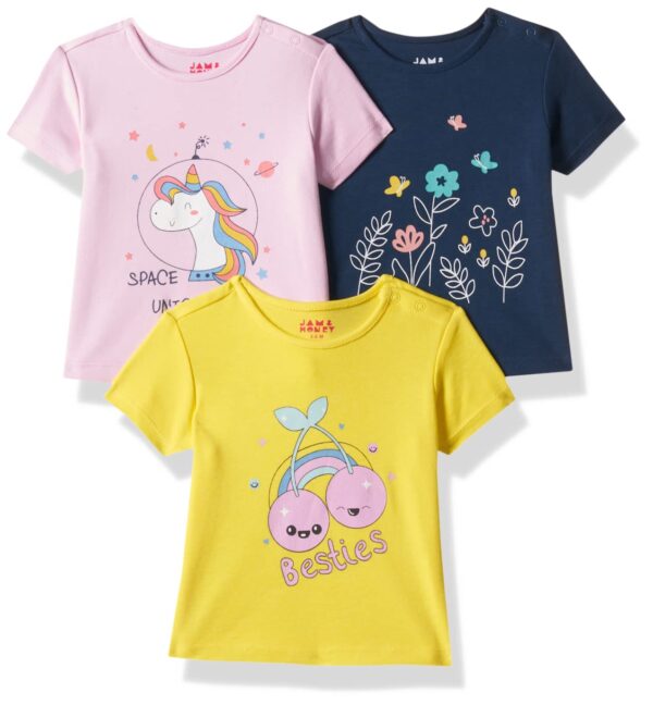 Amazon Brand - Jam & Honey Baby-Girl's 100% Soft & Pure Cotton Short Sleeve Stylish Comfy Printed Regular Fit T-Shirts (Pack of 3)