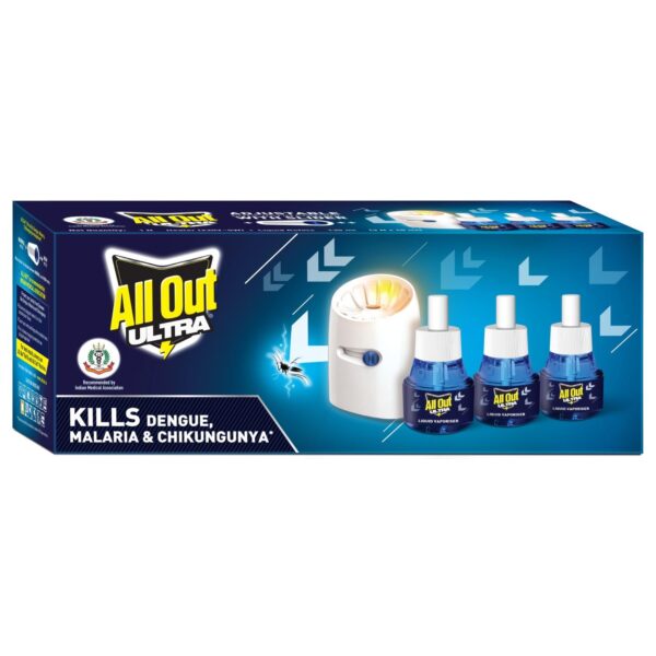 All Out Ultra Liquid Vaporizer, Machine + 3 Refills (45ml each) | Kills Dengue, Malaria & Chikungunya Spreading Mosquitoes| India's Only Mosquito Killer Brand Recommended by Indian Medical Association