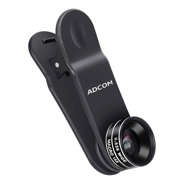 Adcom 2 in 1 (0.63x Wide Angle Lens + 15x Macro Lens) Set Clip On Mobile Phone Camera Lens - Compatible with All iPhones & Android Smartphones (Black)