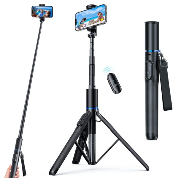 Selfie Stick Tripod, Extendable All in One Phone Tripod Integrated with Wireless Remote, 60” Tripod Stand Compatible with All Cell Phones for Selfie/Video Recording/Photo/Live Stream/Vlog