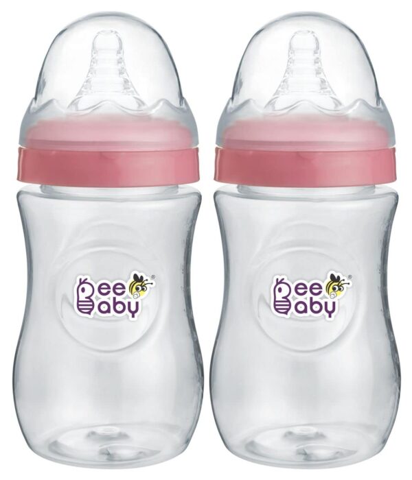 BeeBaby Ease Wide Neck Baby Feeding Bottle with Medium Flow Anti-Colic Soft Silicone Nipple/Teat. Infants/New Born/Toddlers. - 300 ML / 10 oz. | 100% BPA Free. (Pink) (Pack of 2) 8 Months +