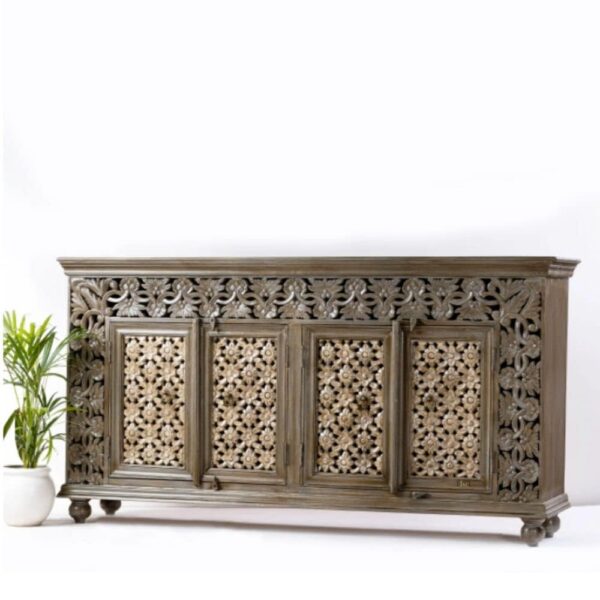 The Home Decor Solid Wooden Antique Designer Sideboard | Wooden Cabinet for Living Room, Kitchen & Home with 4 Doors, Grey Colour, (40D x 180W x 90H cm)