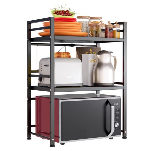 HOME CUBE 2 Tier Microwave Oven Stand For Kitchen Expandable Microwave Oven Rack Otg Stand Kitchen Storage Shelf Spice Rack Toaster Grill Organizer Baker's Rack with 6 Hook (60x34.5x76 cm)