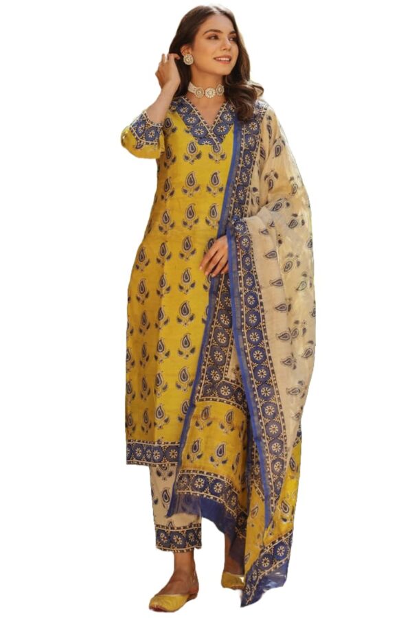 GoSriKi Women's Rayon Blend Straight Printed Kurta with Pant & Dupatta